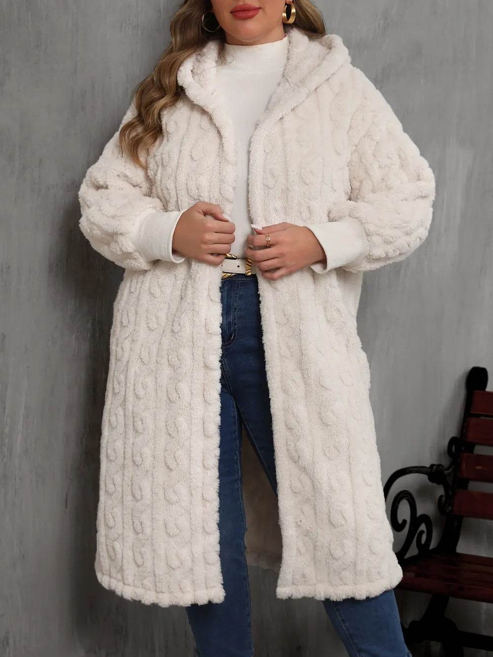 Plus Size Open Front Hooded Plush Coat - IntuitiveEncBoutique