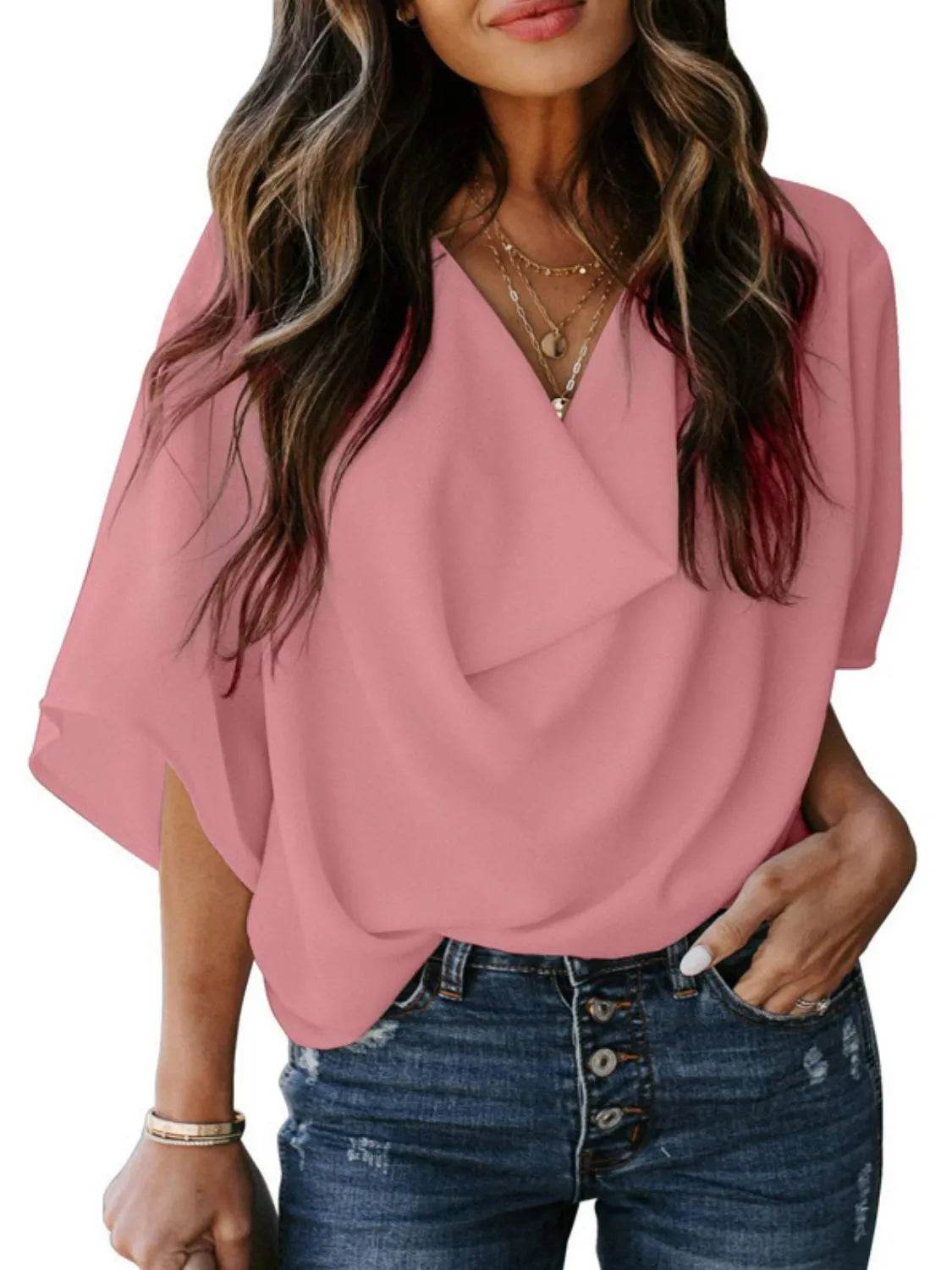 Full Size Ruched Three-Quarter Sleeve Blouse Plus Size - IntuitiveEncBoutique