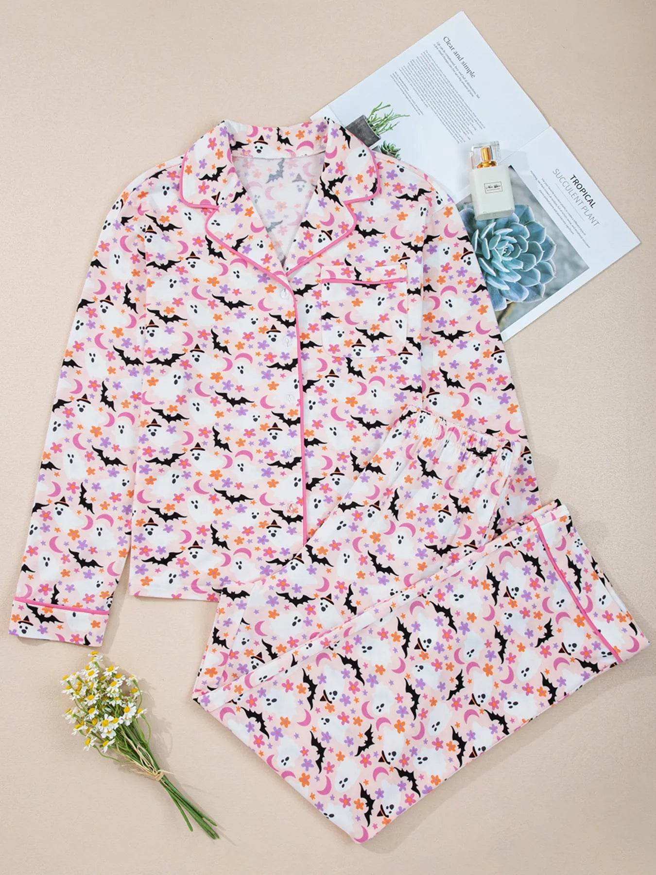 Halloween Ghost Print Button Up Top and Pants Lounge Set - IntuitiveEncBoutique