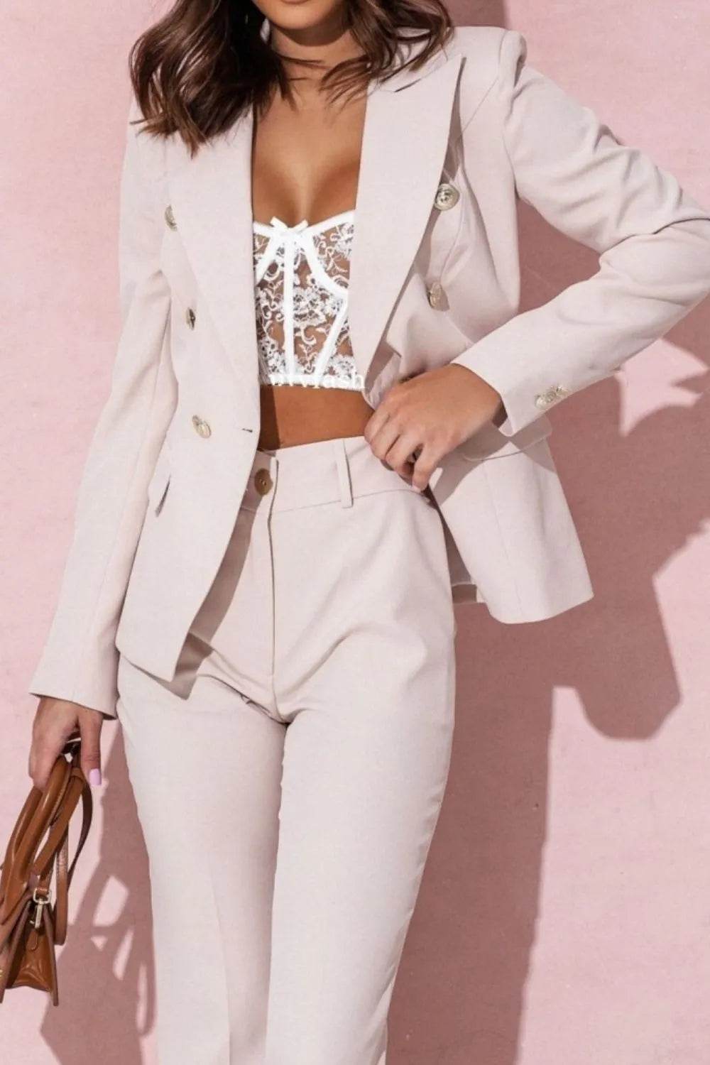 Full Size Lapel Collar Long Sleeve Blazer and Pants Set Plus Size - IntuitiveEncBoutique