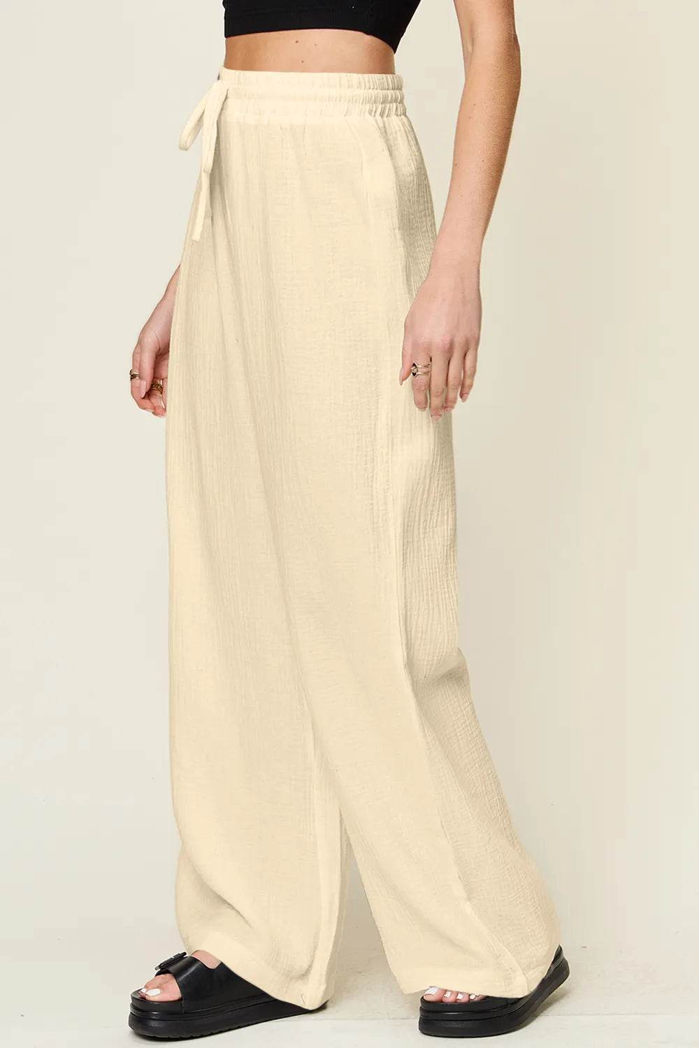 Double Take Full Size Texture Drawstring Wide Leg Pants - IntuitiveEncBoutique