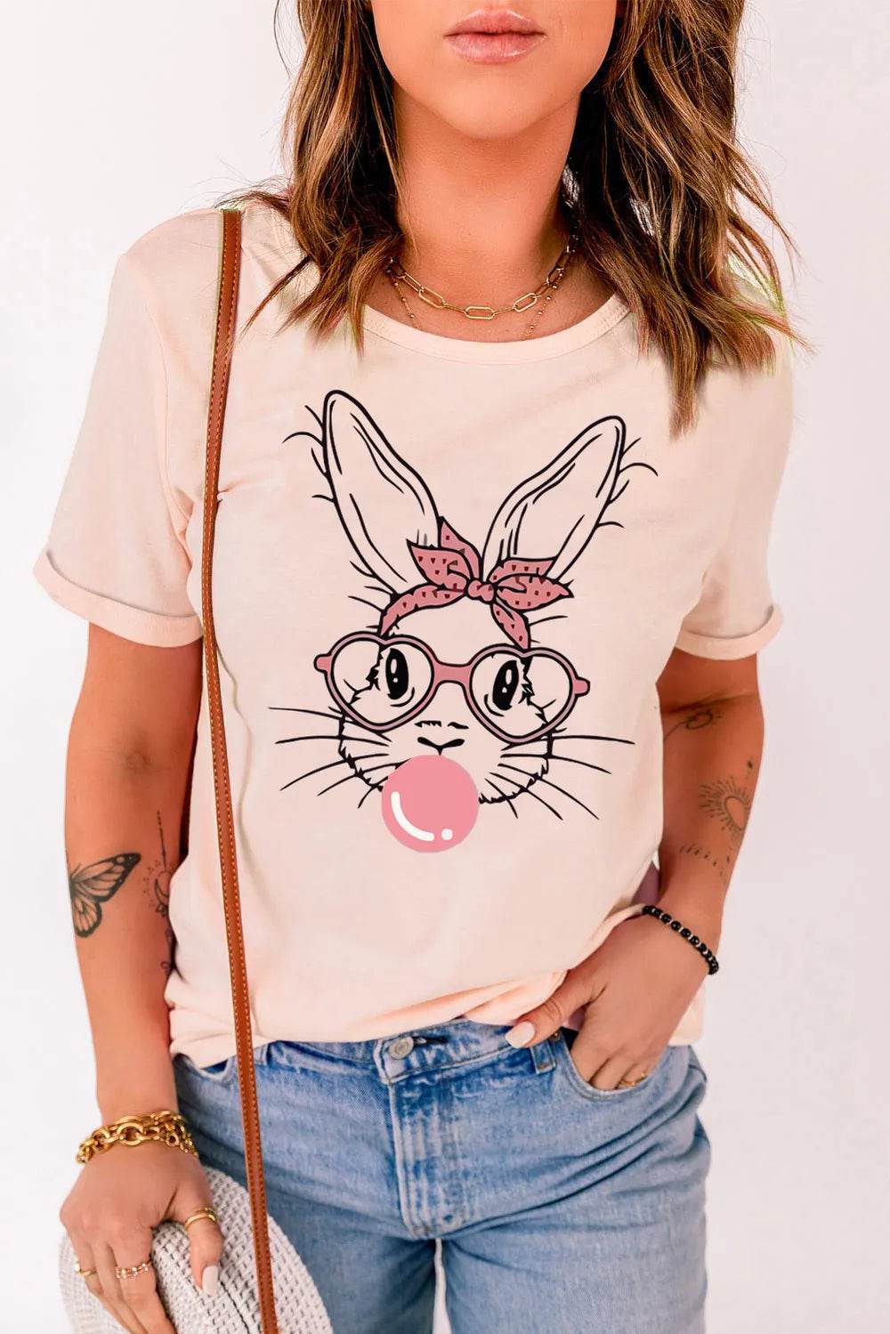 Rabbit Graphic Round Neck Short Sleeve T-Shirt - IntuitiveEncBoutique