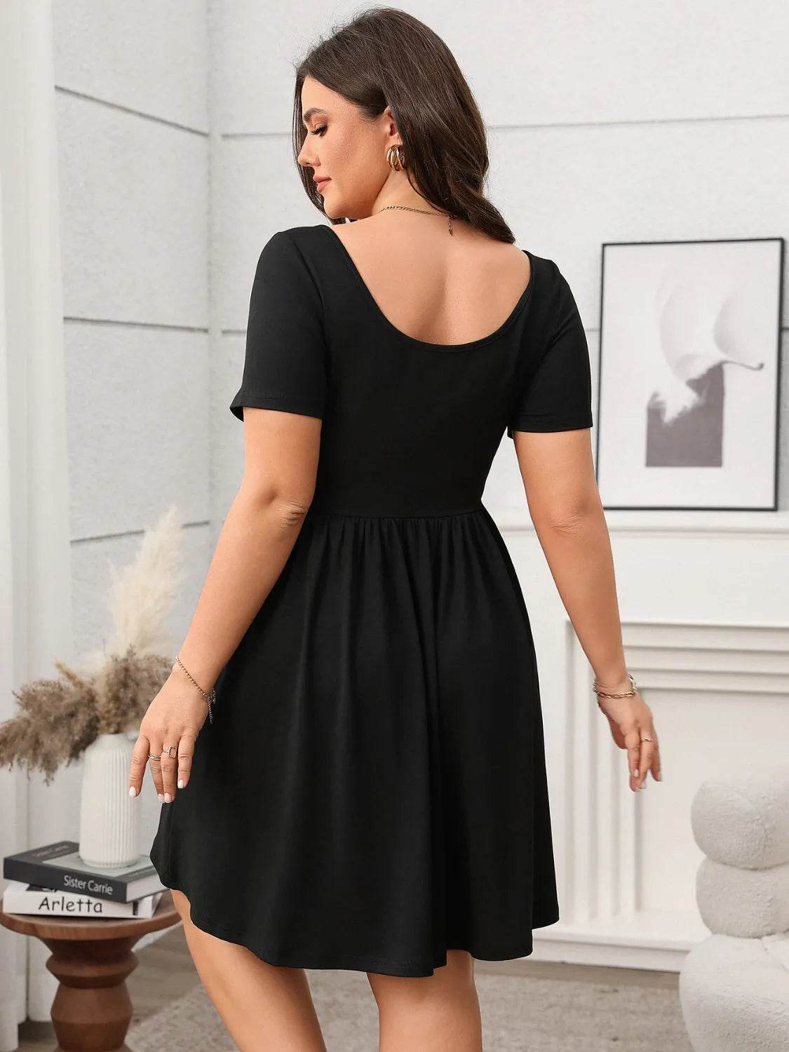 Plus Size Square Neck Short Sleeve Mini Dress - IntuitiveEncBoutique