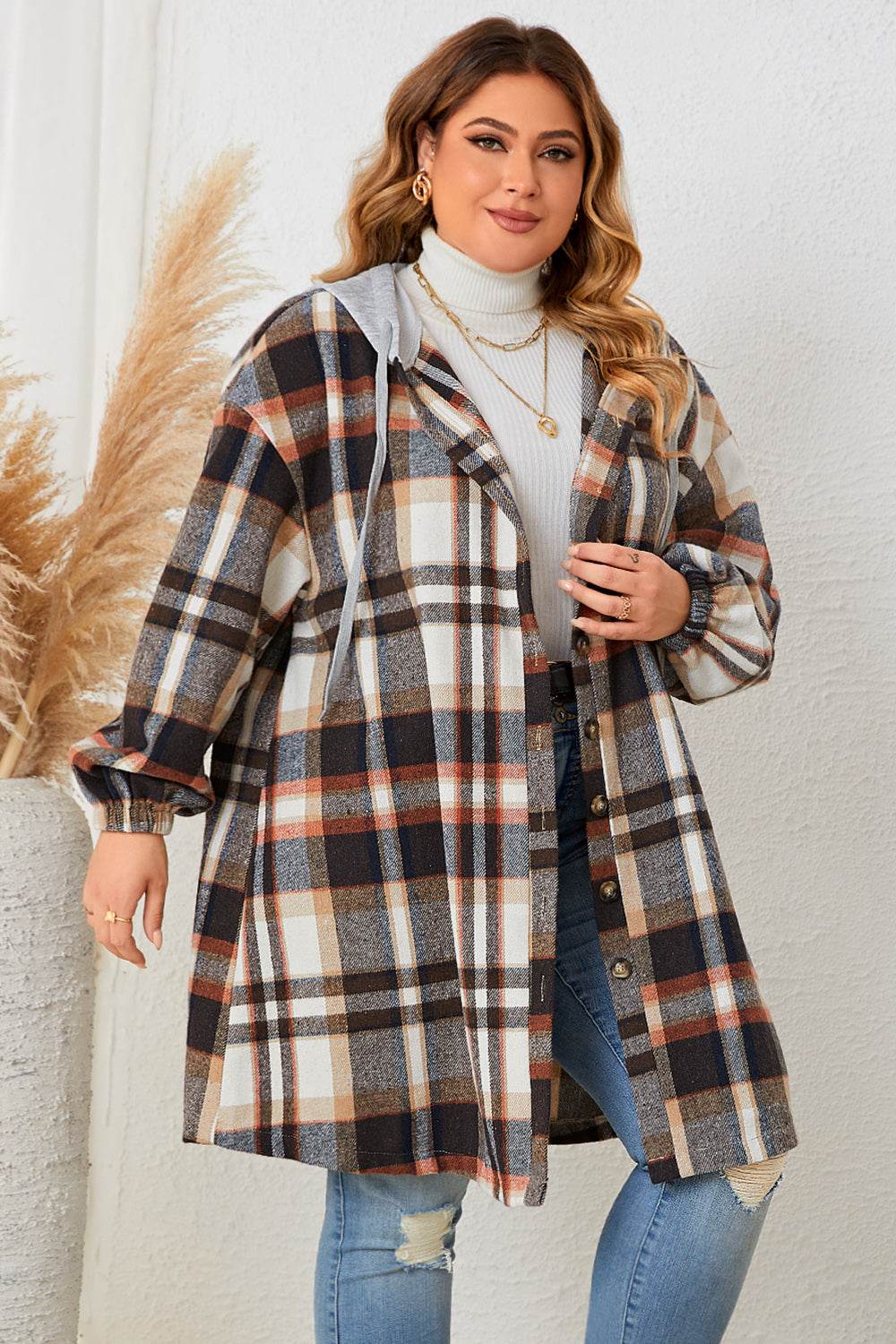 Honey Plus Size Plaid Drop Shoulder Hooded Coat - IntuitiveEncBoutique