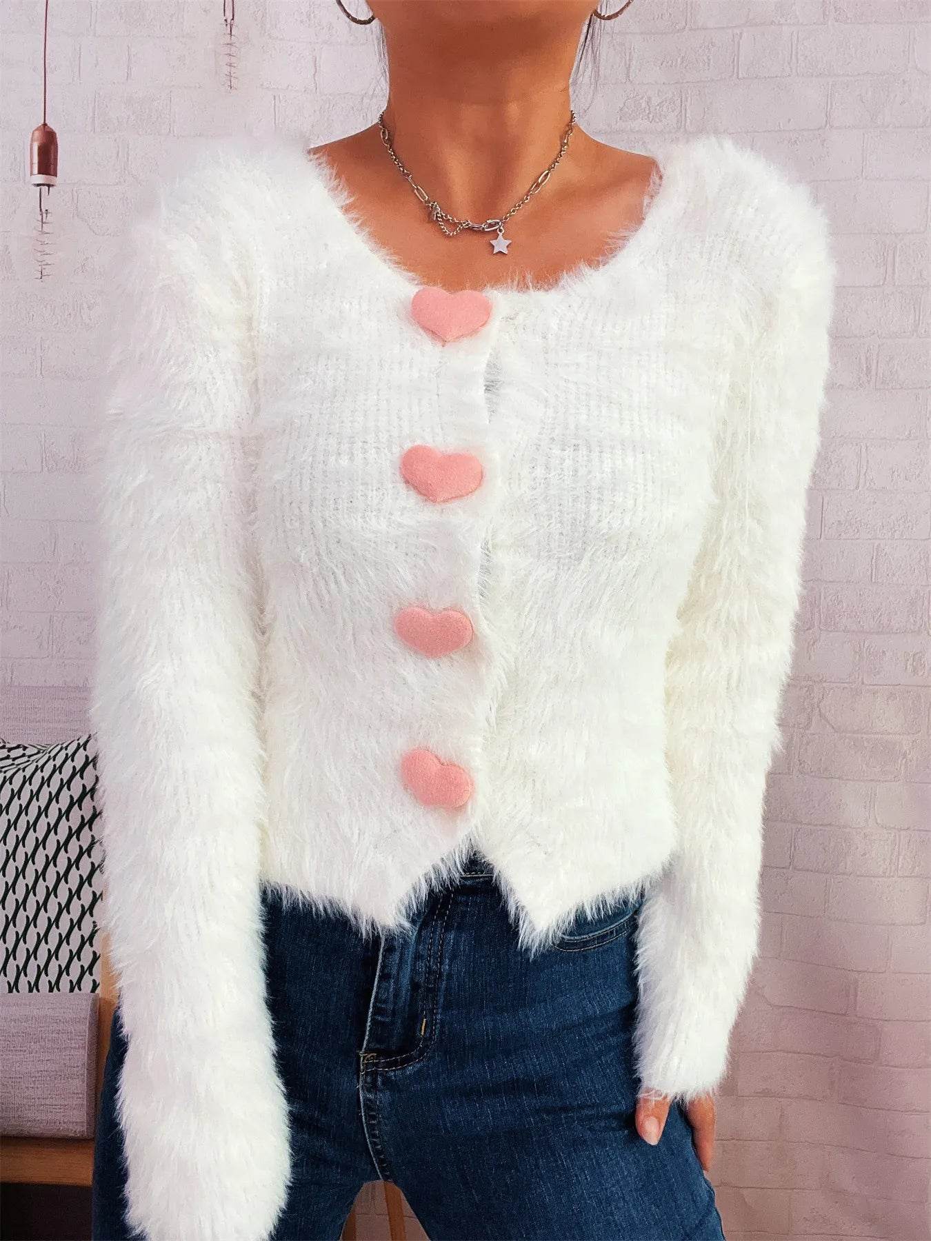 Fuzzy Heart Shape Button-Up Cardigan - IntuitiveEncBoutique