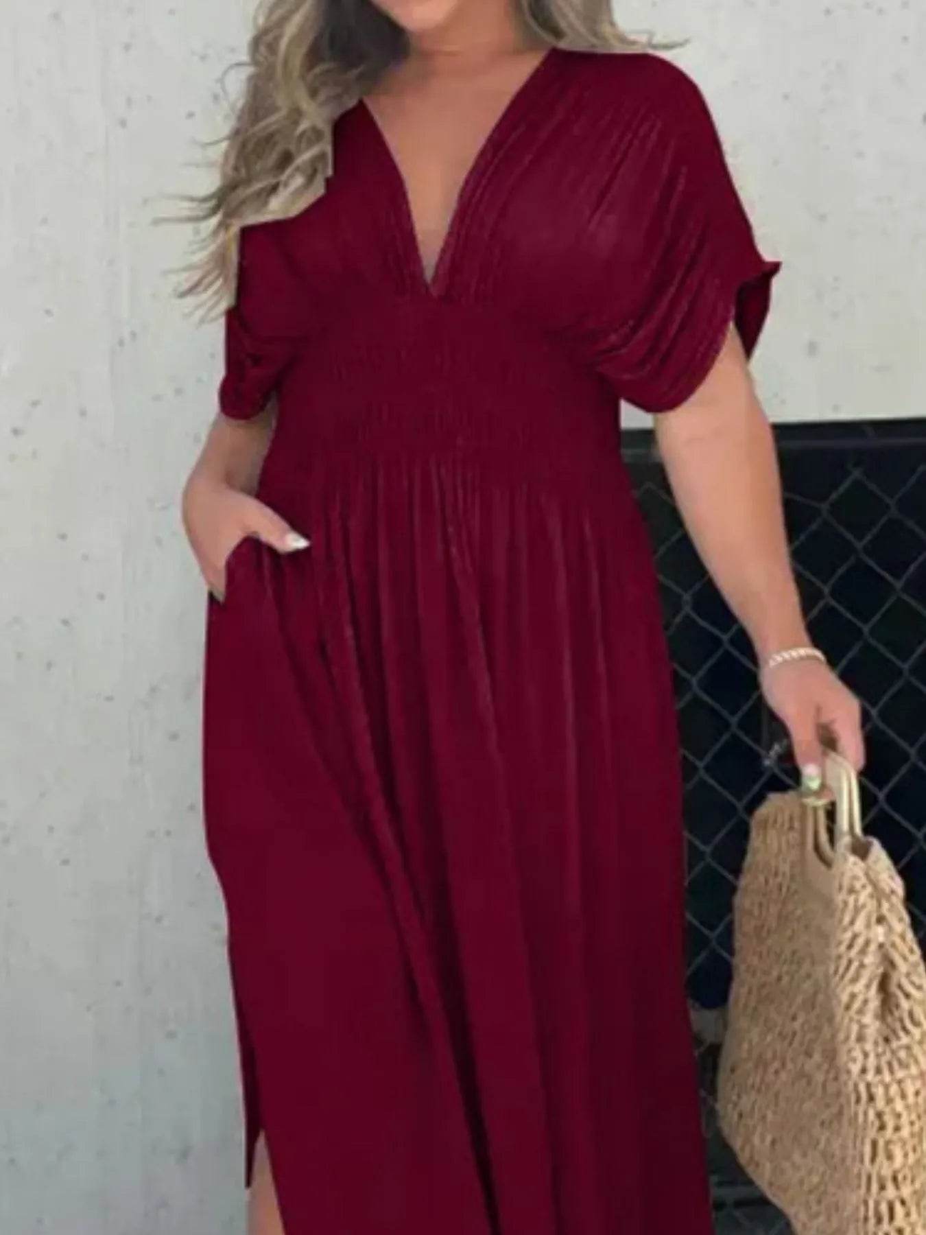 Full Size Deep V-Neck Maxi Dress with Side Slit Plus Size - IntuitiveEncBoutique