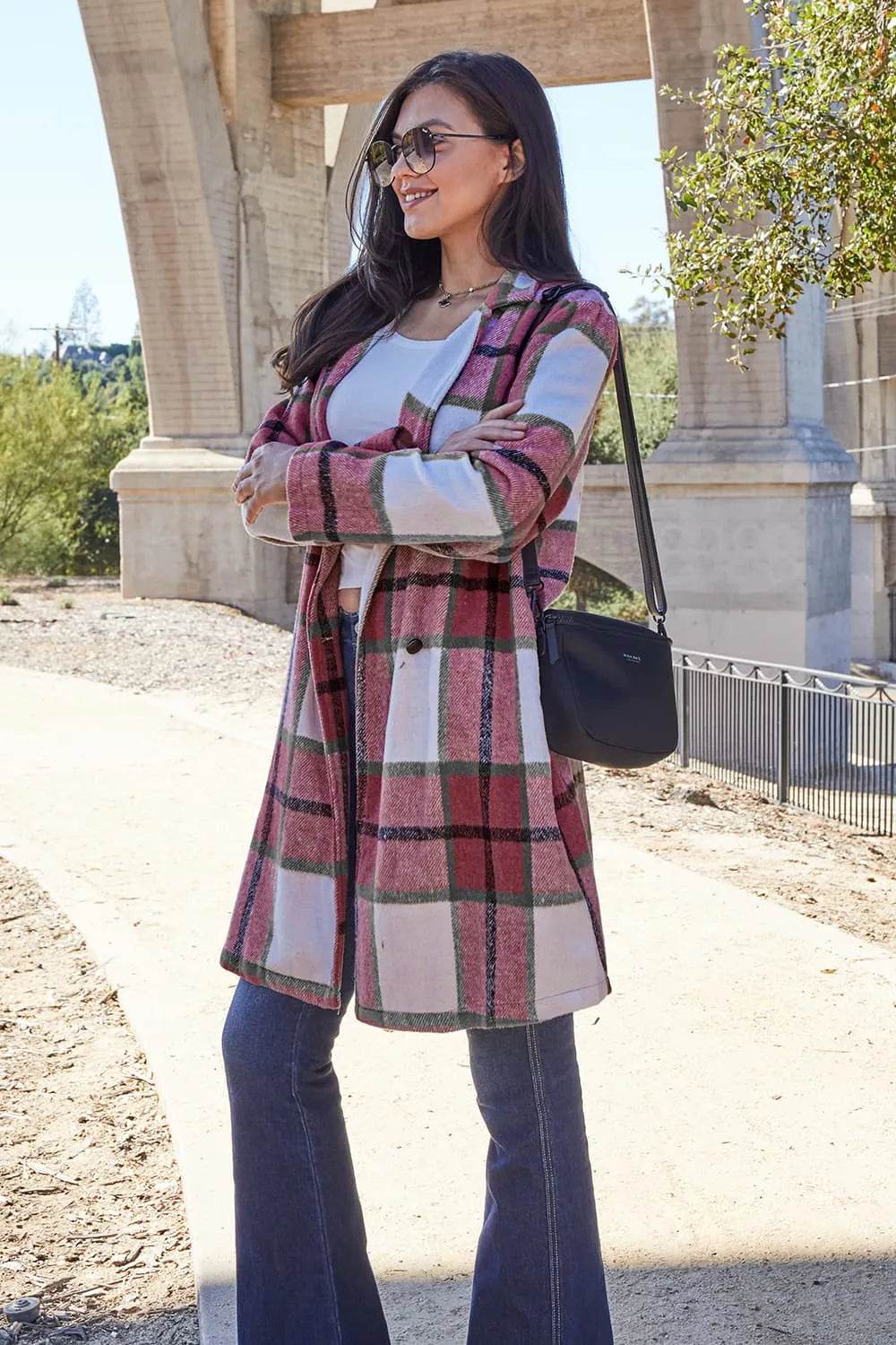 Double Take Full Size Plaid Button Up Lapel Collar Coat - IntuitiveEncBoutique