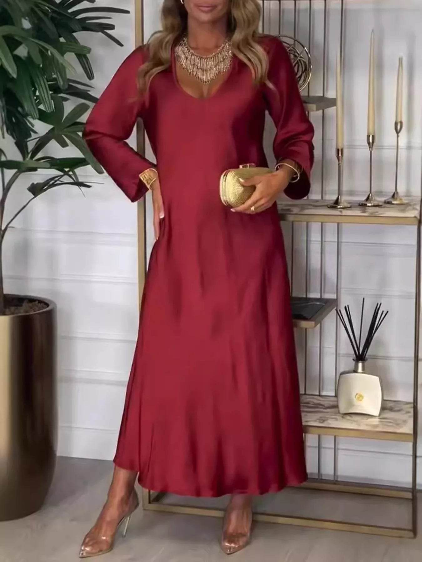 Full Size V-Neck Long Sleeve Midi Dress Plus Size - IntuitiveEncBoutique