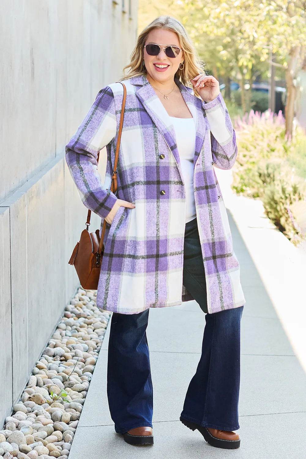 Double Take Full Size Plaid Button Up Lapel Collar Coat - IntuitiveEncBoutique