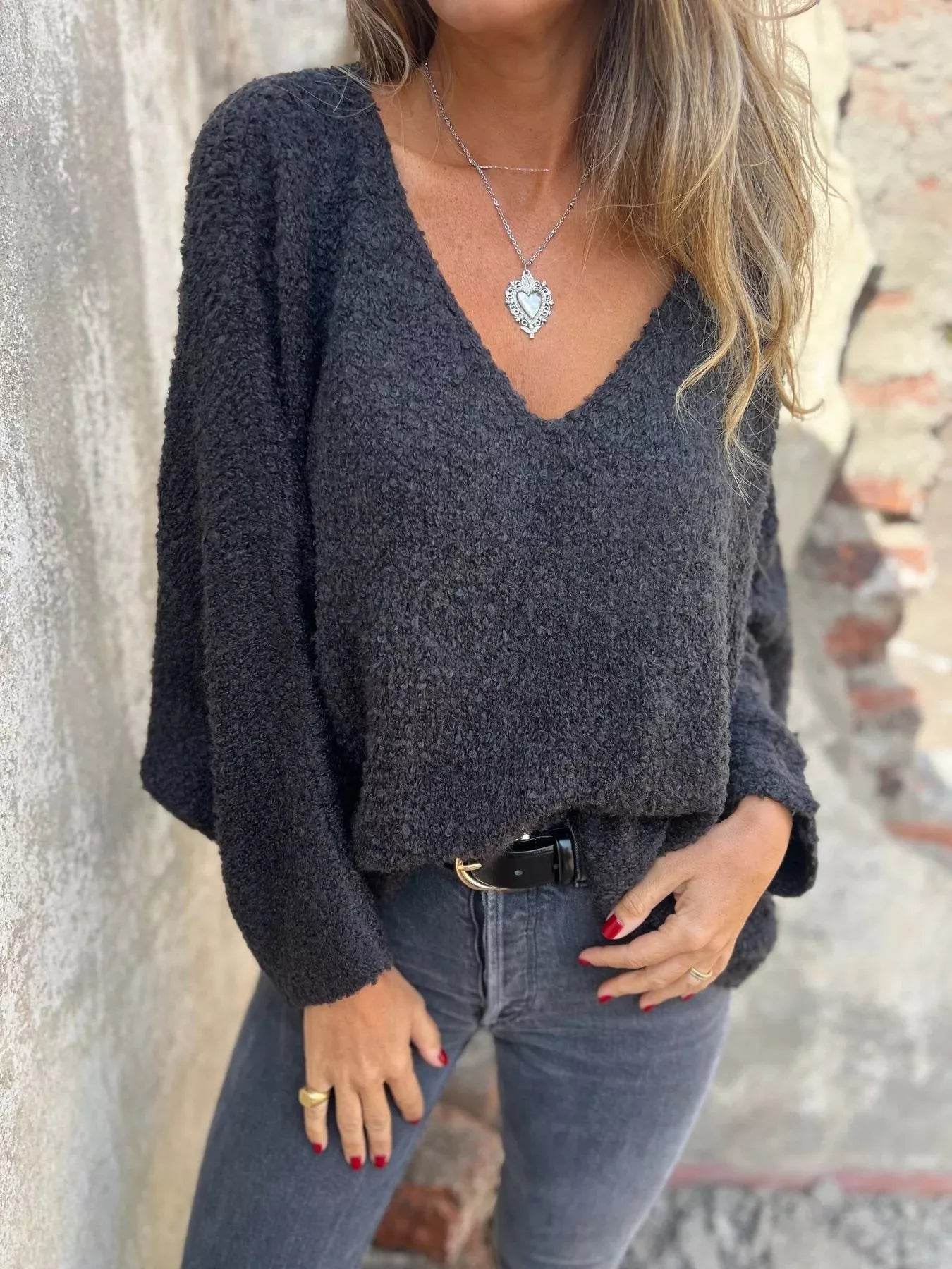 Full Size V-Neck Long Sleeve Sweater Plus Size - IntuitiveEncBoutique