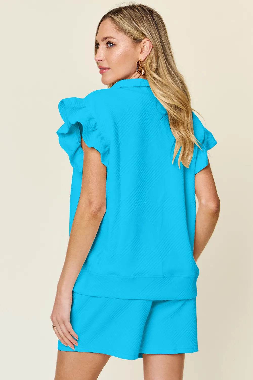 Double Take Full Size Texture Flounce Sleeve Top and Drawstring Shorts Set - IntuitiveEncBoutique