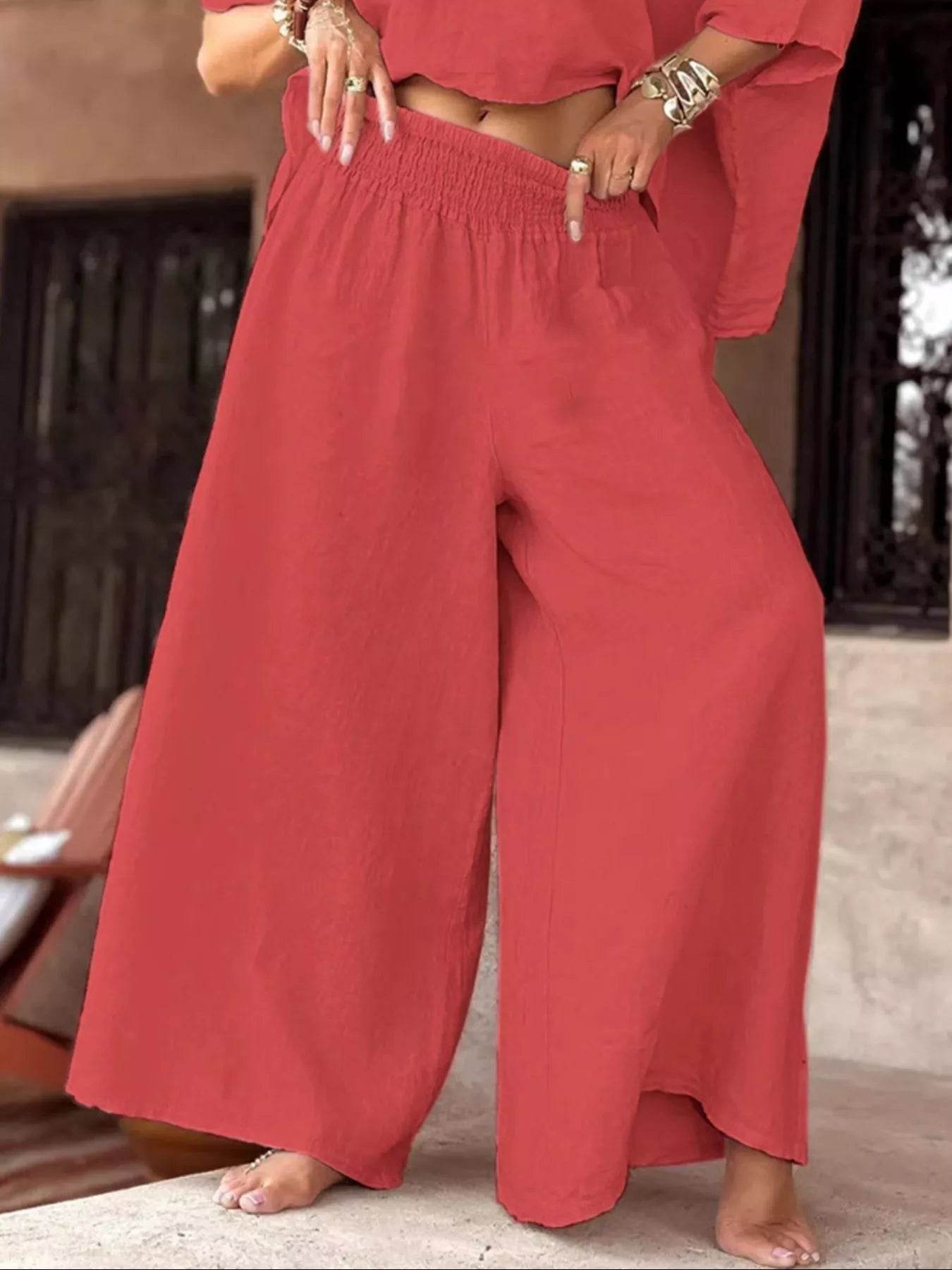 Full Size Boat Neck Top and Wide Leg Pants Set Plus Size - IntuitiveEncBoutique