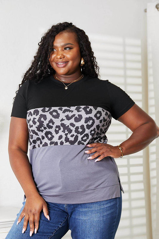 Double Take Leopard Print Color Block Short Sleeve T-Shirt - IntuitiveEncBoutique