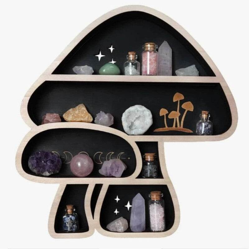 Adorable Mushroom - themed Decor. Wall - mounted Wooden Floating Mushroom Shelf. Ideal as a Crystal Display Shelf or a Rock Gem - IntuitiveEncBoutique