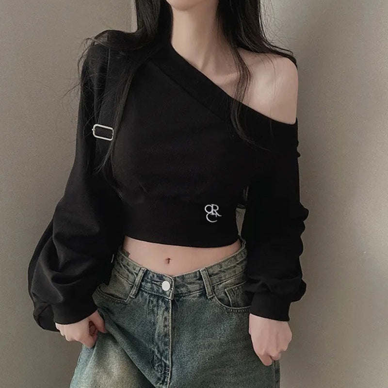 Arrival Spicy Girl Off-Shoulder Short Crop Hoodie Women's Unique Ins Trend Streetwear Versatile Fitted Long Sleeve Belly-Baring Top