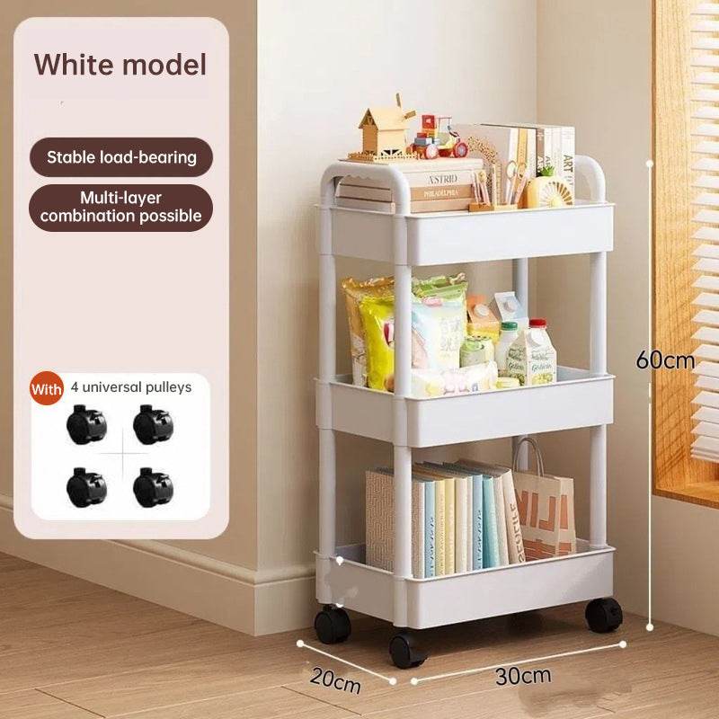 White rolling storage cart. Multifunctional, open shelves for books, ideal for kitchen & bedroom storage - IntuitiveEncBoutique