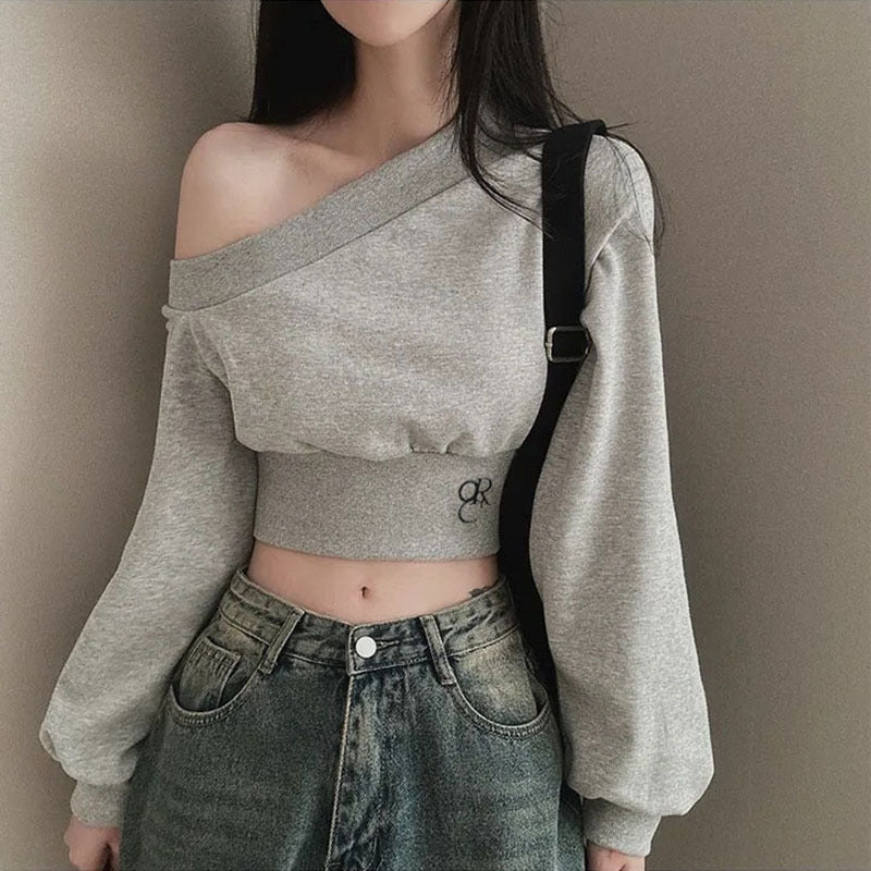 Arrival Spicy Girl Off-Shoulder Short Crop Hoodie Women's Unique Ins Trend Streetwear Versatile Fitted Long Sleeve Belly-Baring Top