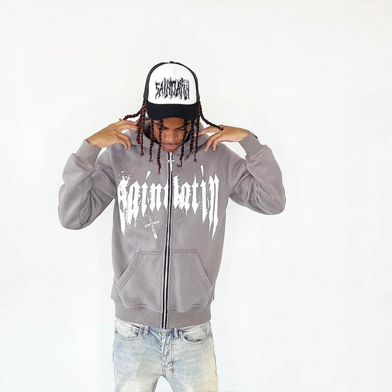 Hooded Sweatshirt with Foamed Print Trendy Letter Zipper Hoodie Long Sleeve Sweatshirt - IntuitiveEncBoutique