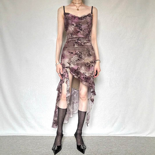 Vintage Print Irregular Hem Lace-Up Mesh Dress with Ruffle Edge and Strapless Design - IntuitiveEncBoutique