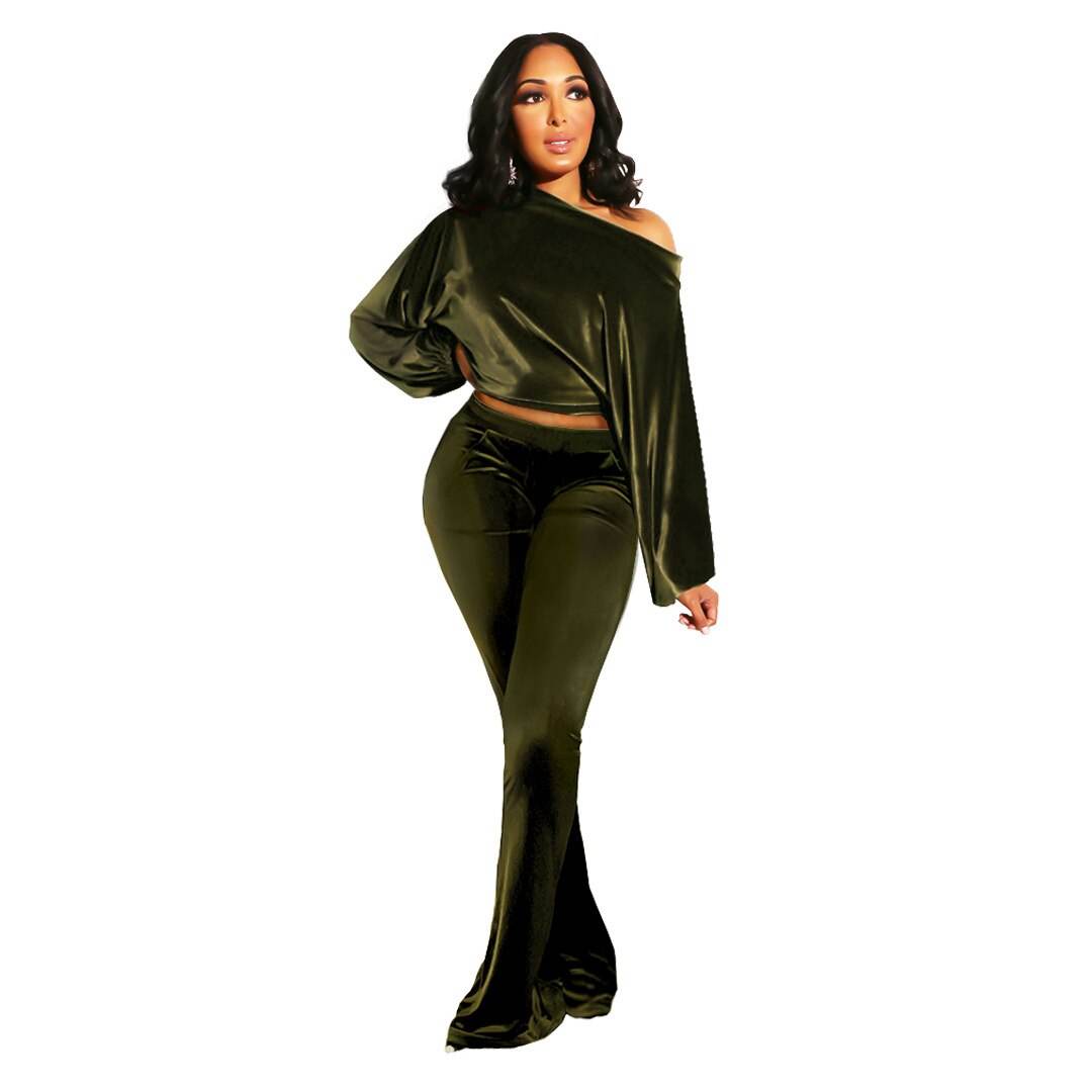 Autumn and Winter Women's Suit Pants Nightclub Sexy T-shirt Flannelette One Shoulder Slim Fit Elegant Women's 2-piece Set - IntuitiveEncBoutique