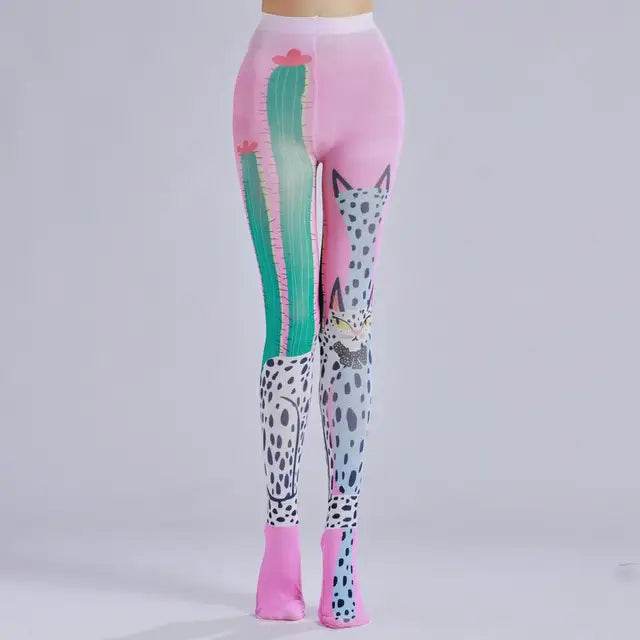 Cactus printed pantyhose with leopard print pattern as the sole personalized and fashionable pantyhose - IntuitiveEncBoutique