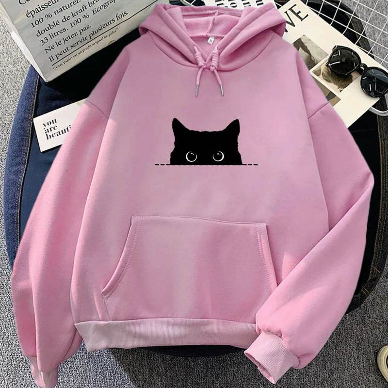 Spring Cartoon Cat Pattern Cute Printed Hooded Sweatshirt Unisex Long Sleeve Casual Jacket - IntuitiveEncBoutique
