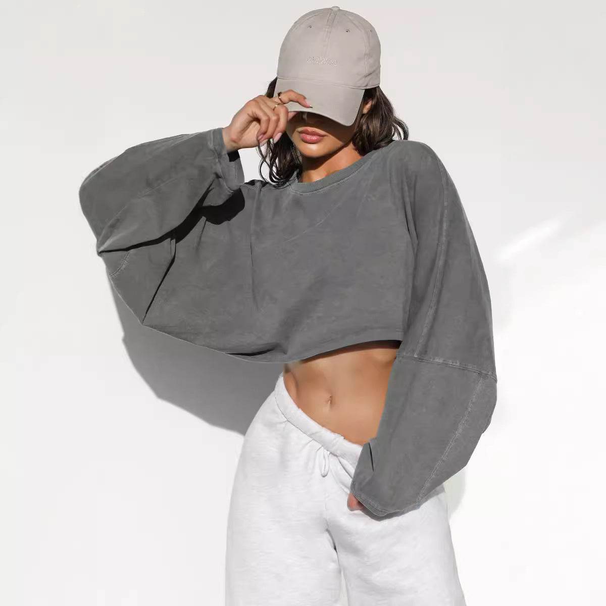 Vintage Hoodie Women's Long Sleeve Crop Knitwear Sport Yoga - IntuitiveEncBoutique