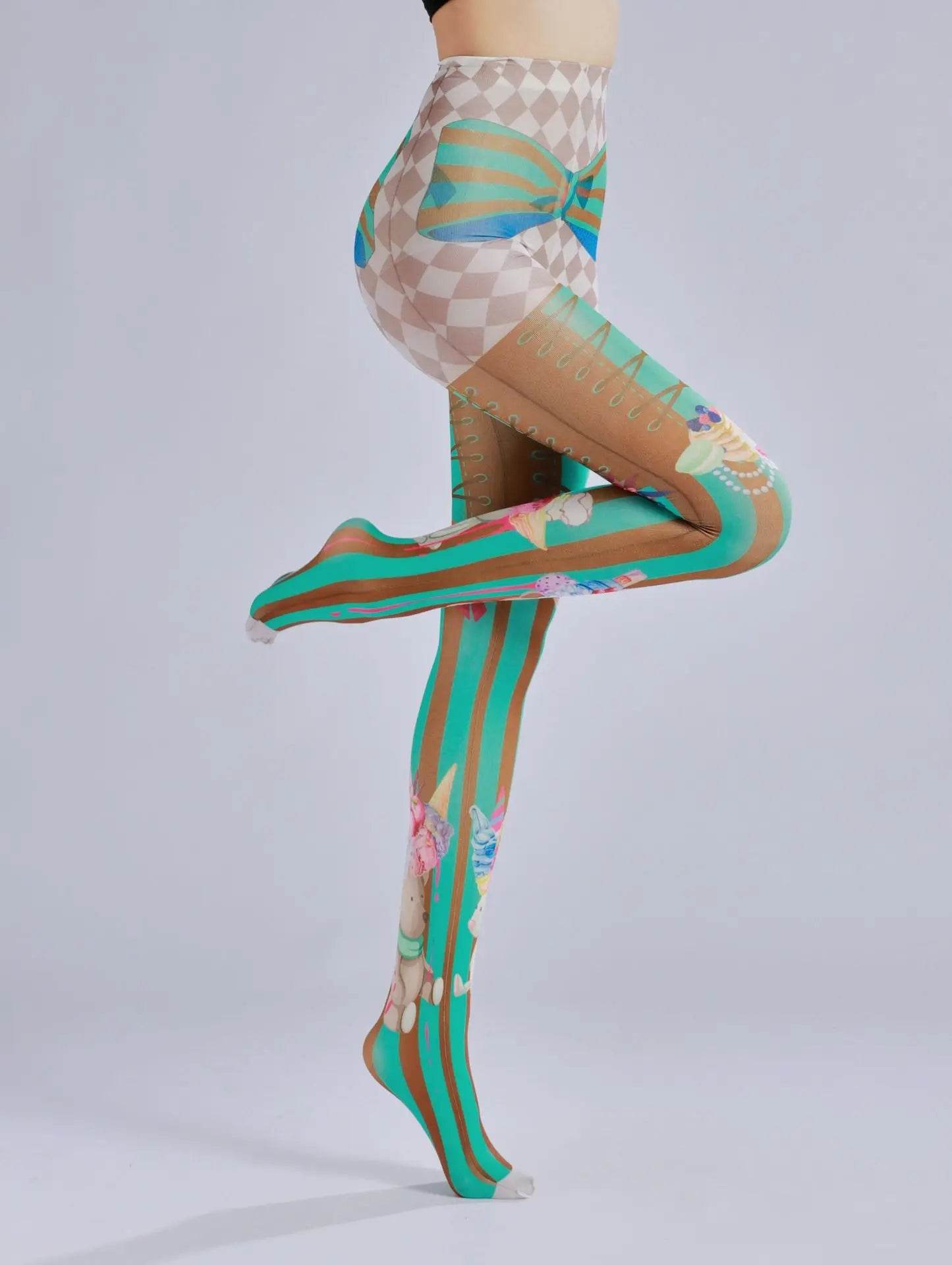 Cake ice cream printed pantyhose with striped checkered pattern as a base sock - IntuitiveEncBoutique