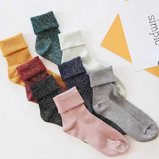 Winter Cotton Solid Shiny Woman Simple Socks Fashion Art Fold Female Student Thick Warm Socks Shiny Metallic Line Sock - IntuitiveEncBoutique
