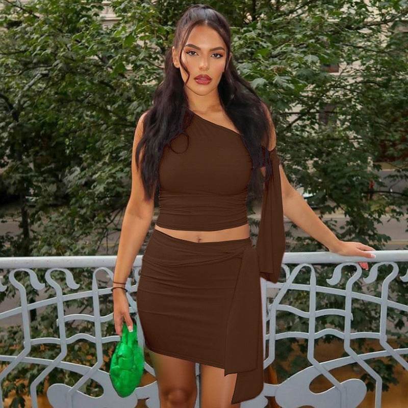 Women's Oblique Collar Tied Top with Fitted Pleated Skirt Set - IntuitiveEncBoutique
