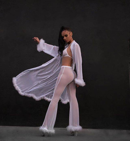 Mesh High Waist Pants and Long Sleeve Crop Top Sets Party Clubwear Sexy Faux Fur Outfit Two Piece Sets - IntuitiveEncBoutique