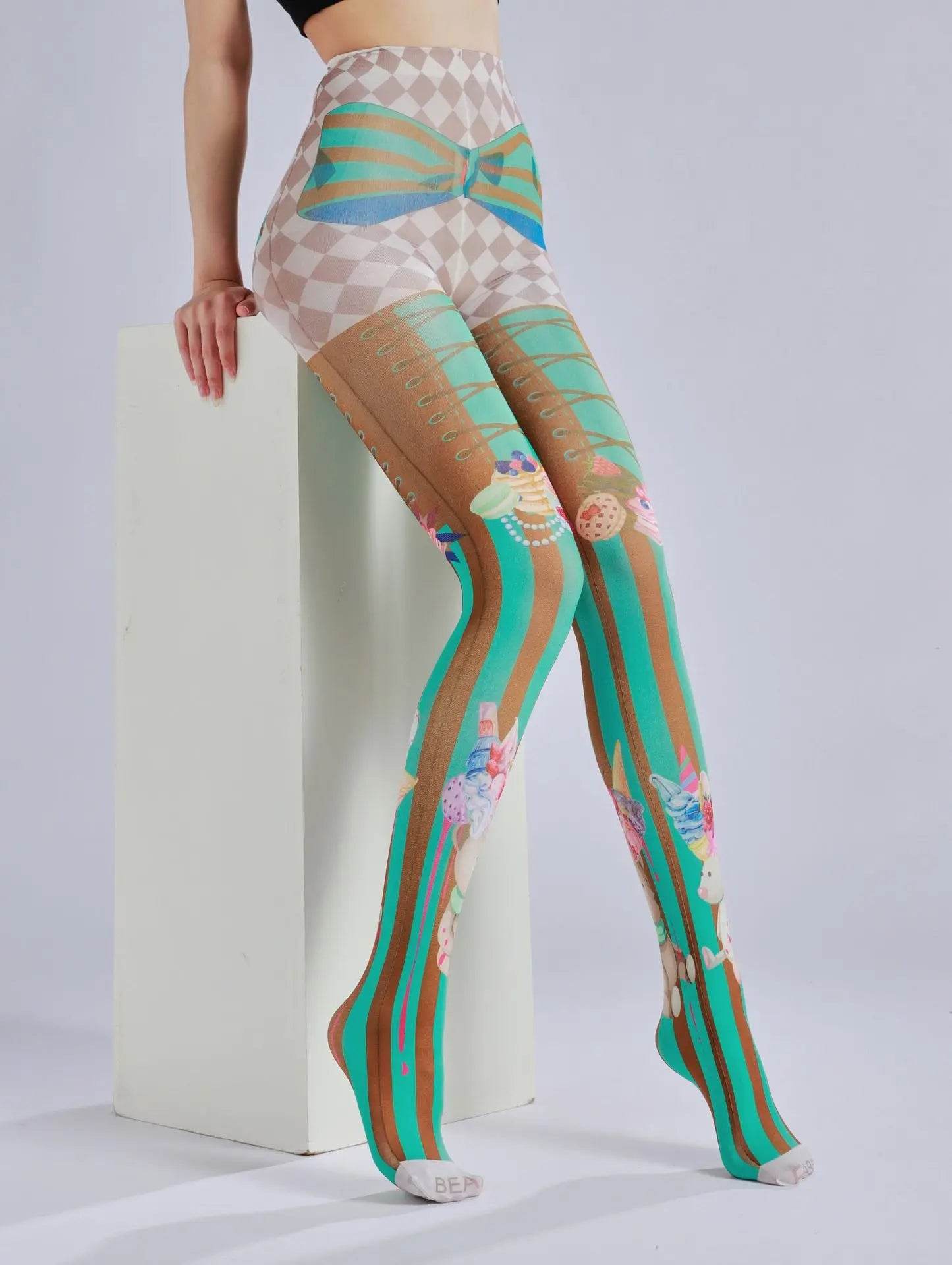 Cake ice cream printed pantyhose with striped checkered pattern as a base sock - IntuitiveEncBoutique