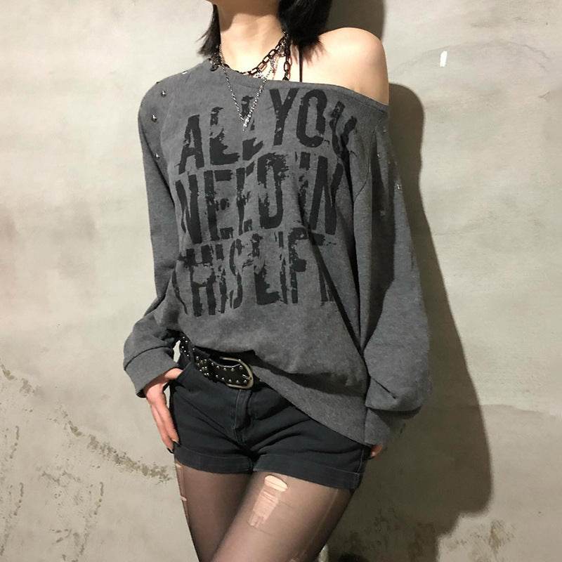 Punk Rivet Letter Print Oblique Collar Sweatshirt Spicy Girl Street Sexy Loose All-Match Off-Shoulder Long Sleeve - IntuitiveEncBoutique