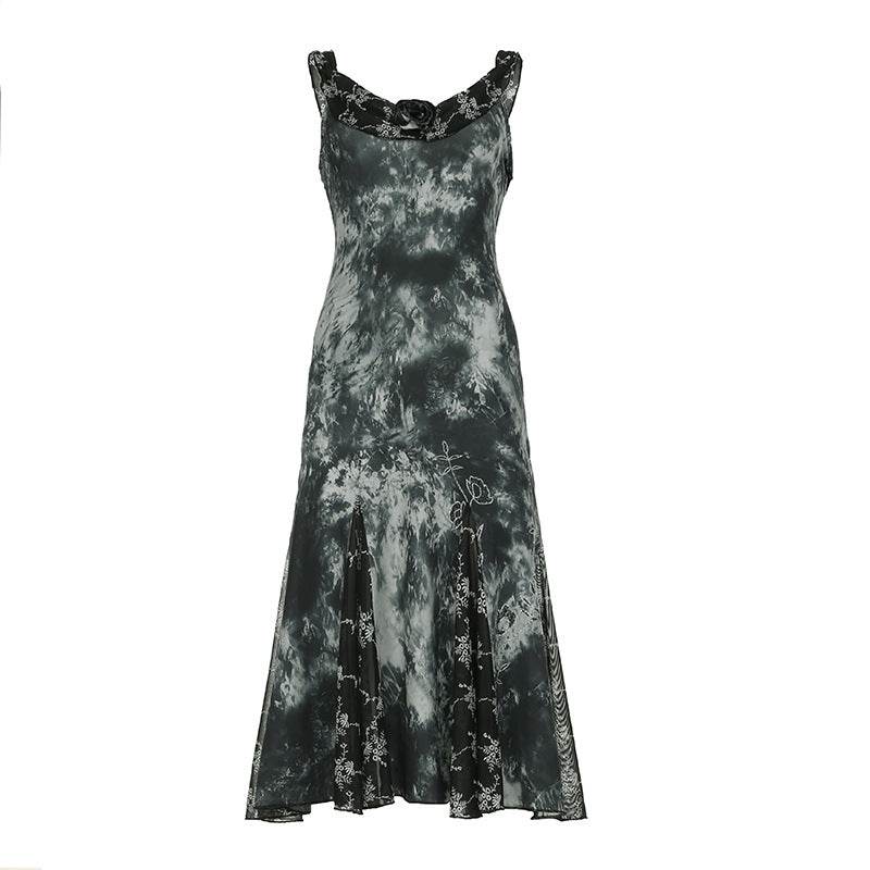 Gothic Vintage Tie-Dye Floral Ruffle Irregular Hem Dress with Sexy Lace Mesh Sleeveless Long Skirt - IntuitiveEncBoutique