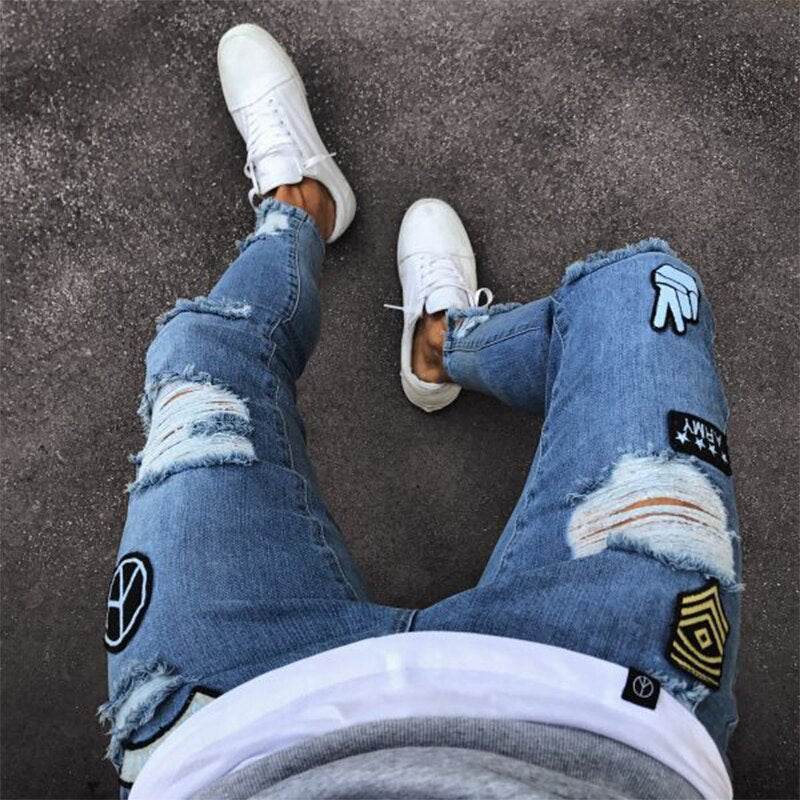 Men's Ripped jeans Badge Letters Hip-hop Skinny Jogging Denim Fashion Pencil Long Trousers Distressed Jeans For Men Clothing - IntuitiveEncBoutique