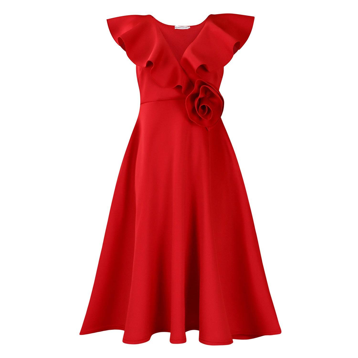 V-neck Ruffled Hem 3D Flower Skirt Evening Dress Banquet Dress - IntuitiveEncBoutique