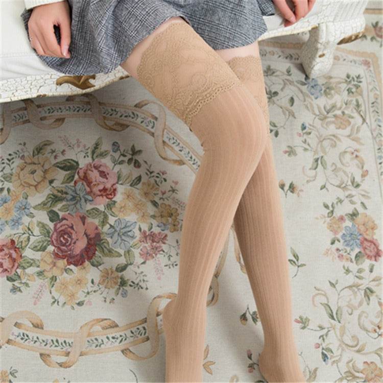 Japanese and Korean New Lace Knee Socks Spring and Autumn Cotton Vertical Stripe Stockings Non slip High thigh Stockings - IntuitiveEncBoutique