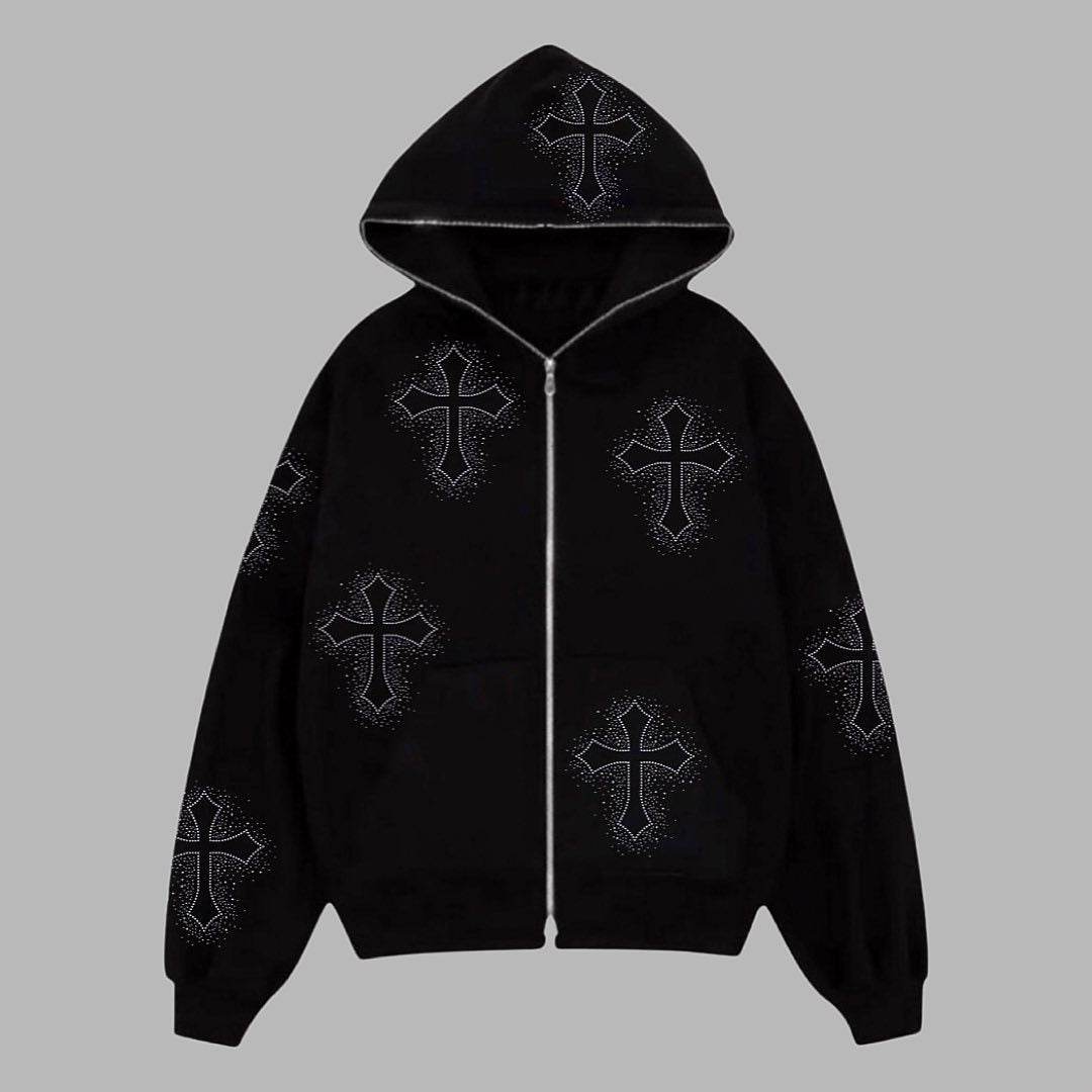 Cross-border Cross Embroidered Loose Streetwear Hooded Sweatshirt - IntuitiveEncBoutique