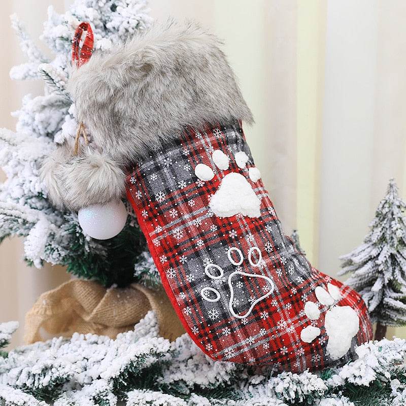 Christmas Stocking Christmas Decorations Fur Collar with Ball Plaid Printing Letter Dog Paw Seeds Pendant New Year - IntuitiveEncBoutique