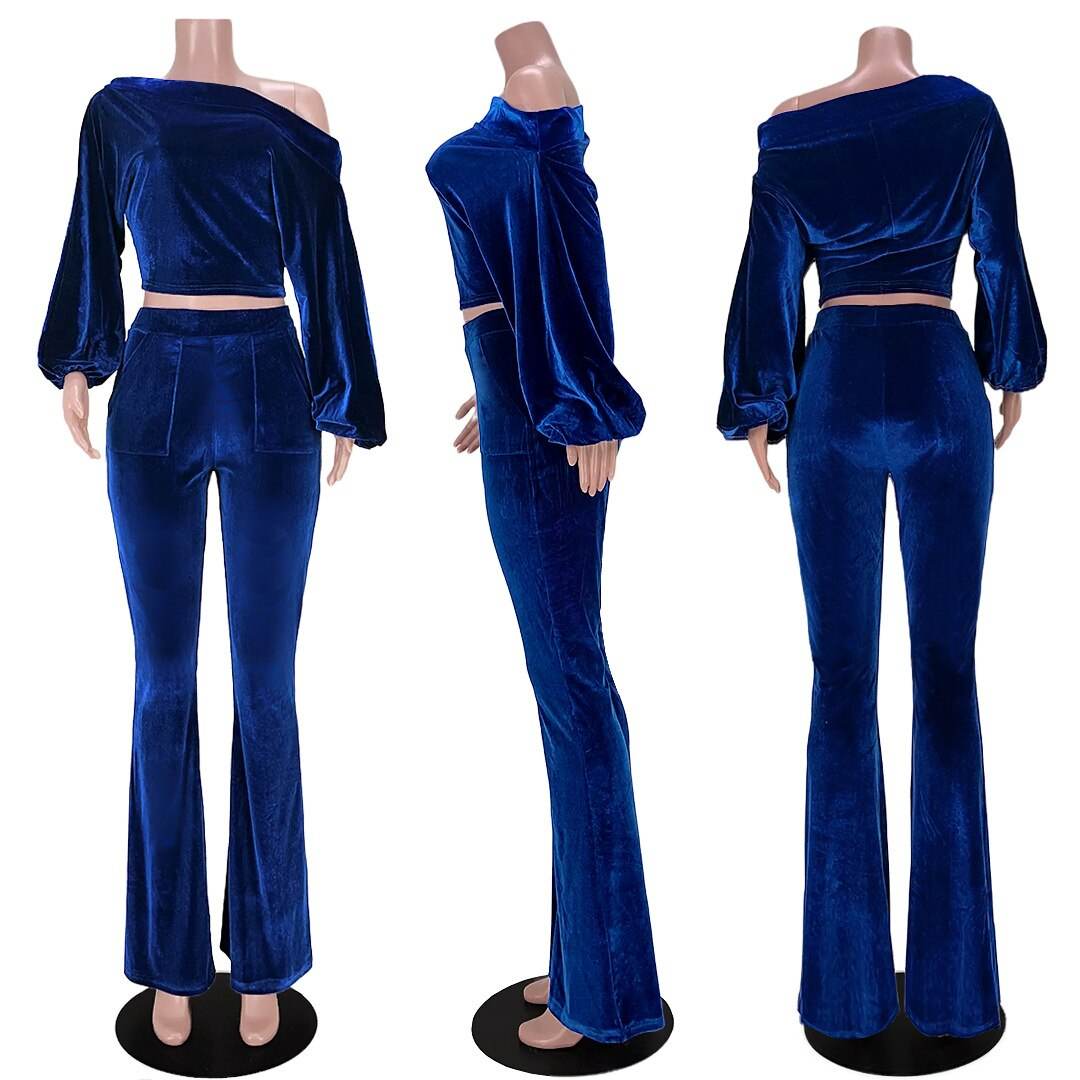 Autumn and Winter Women's Suit Pants Nightclub Sexy T-shirt Flannelette One Shoulder Slim Fit Elegant Women's 2-piece Set - IntuitiveEncBoutique