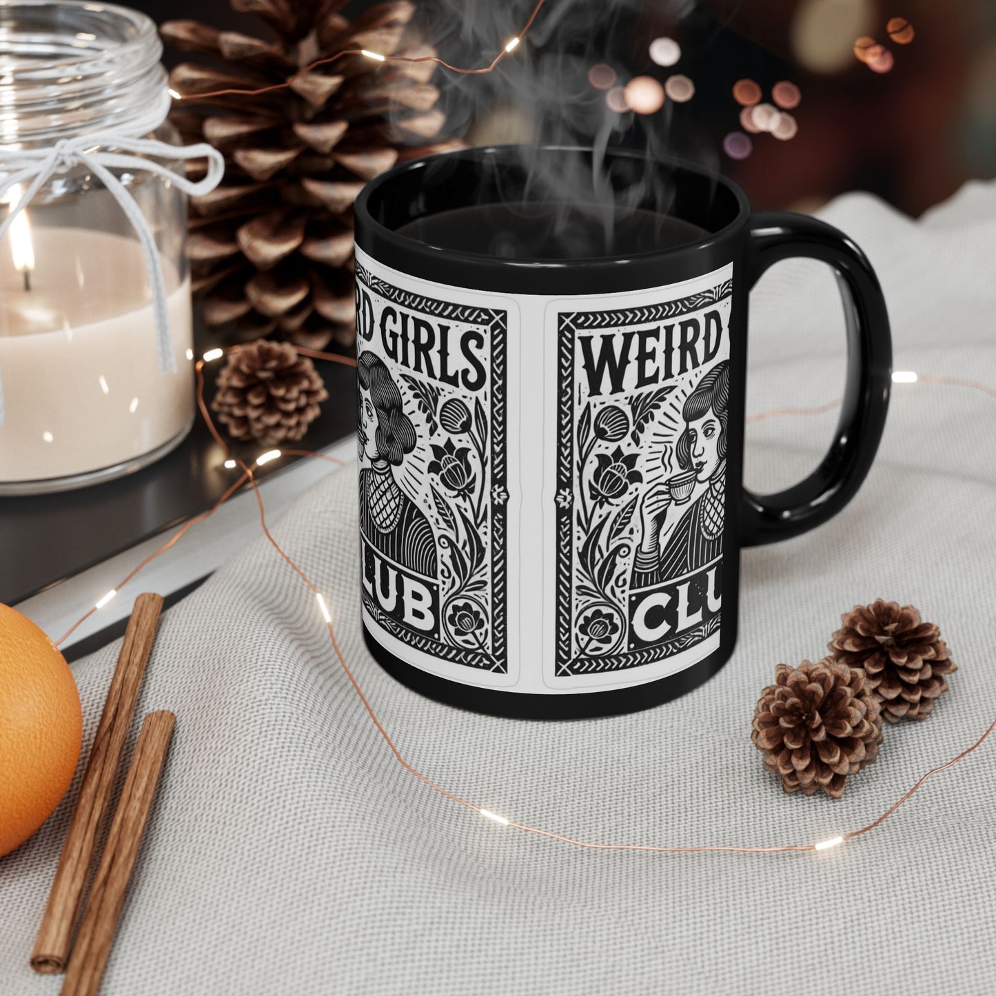 Weird Girls Club Mug, 11oz, 15oz Coffee Cup for Female Empowerment, Unique Gift for Friends, Feminist Art, Black Mug