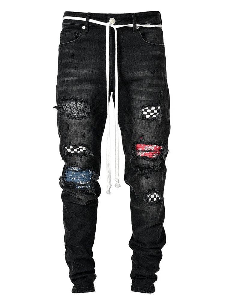 Men's Ripped jeans Badge Letters Hip-hop Skinny Jogging Denim Fashion Pencil Long Trousers Distressed Jeans For Men Clothing - IntuitiveEncBoutique