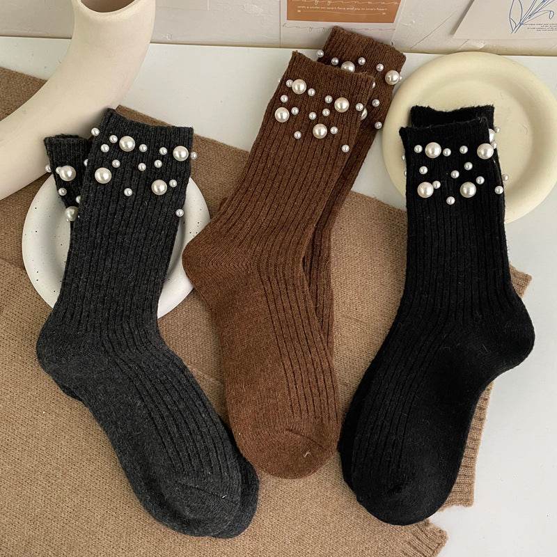 Korean style fashionable rivet bead pile socks autumn and winter thick warm rabbit wool - IntuitiveEncBoutique