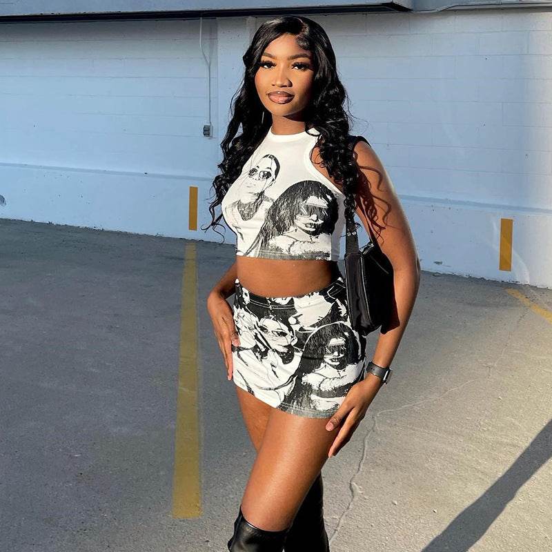 Round Neck Cartoon Print Sleeveless Short Top and Skirt Set for Women - IntuitiveEncBoutique