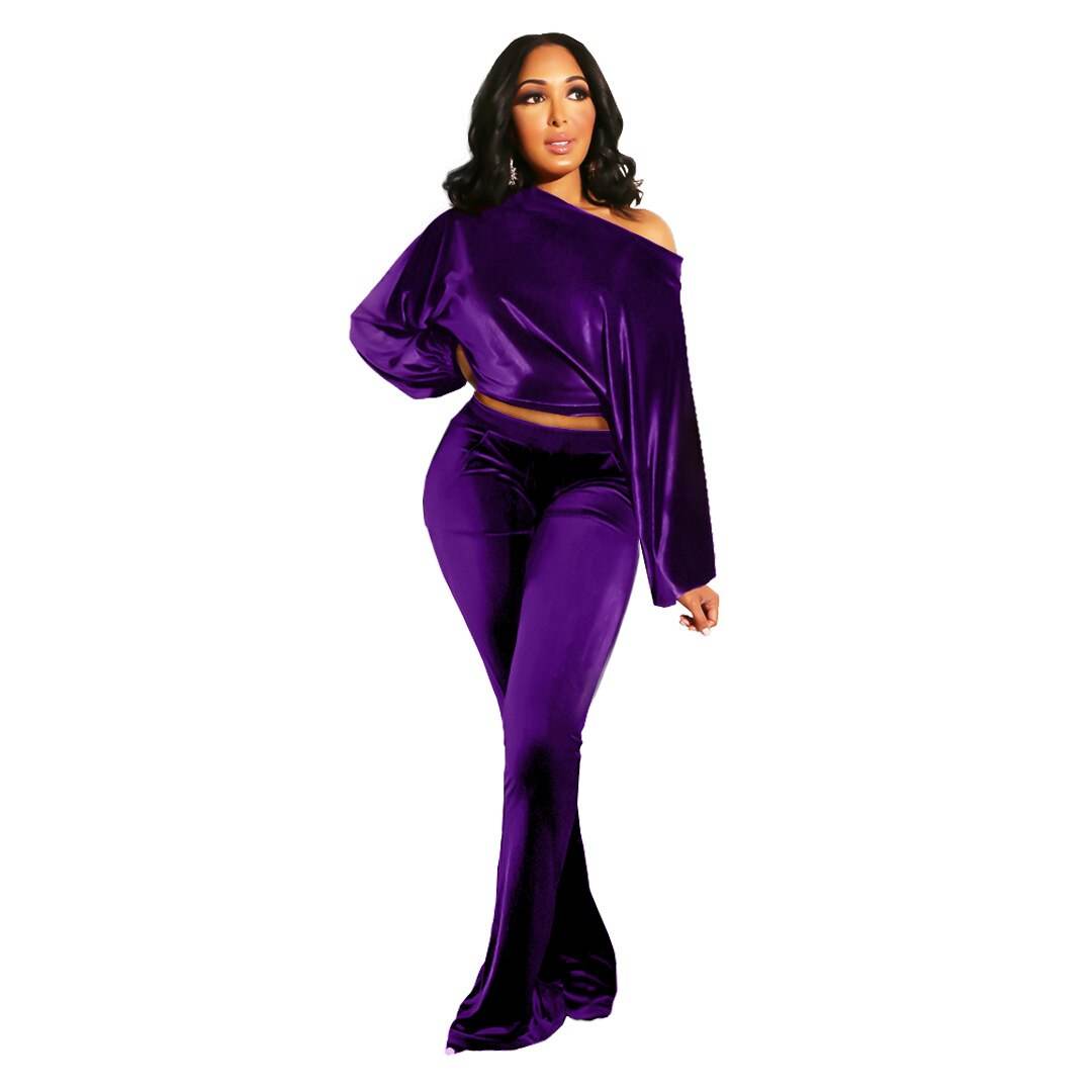 Autumn and Winter Women's Suit Pants Nightclub Sexy T-shirt Flannelette One Shoulder Slim Fit Elegant Women's 2-piece Set - IntuitiveEncBoutique
