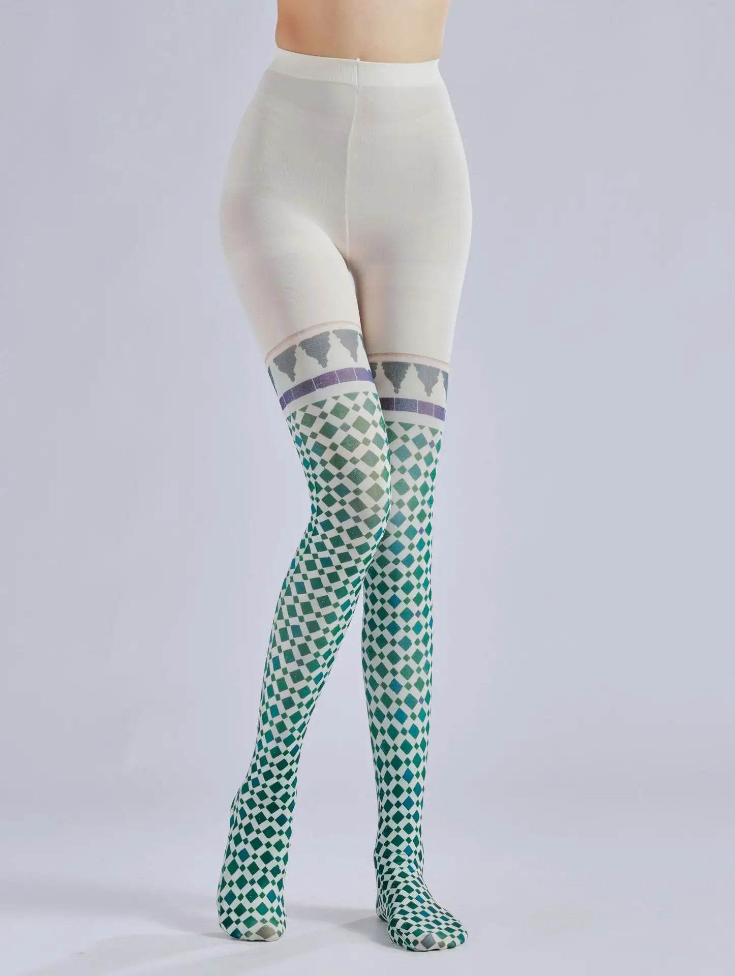 Retro patterned plaid printed pantyhose color pattern bottom socks fake two pieces of silk stockings - IntuitiveEncBoutique