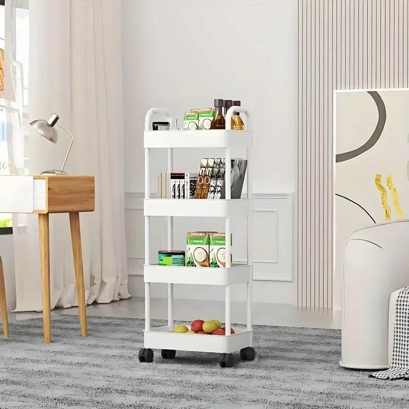 White rolling storage cart. Multifunctional, open shelves for books, ideal for kitchen & bedroom storage - IntuitiveEncBoutique