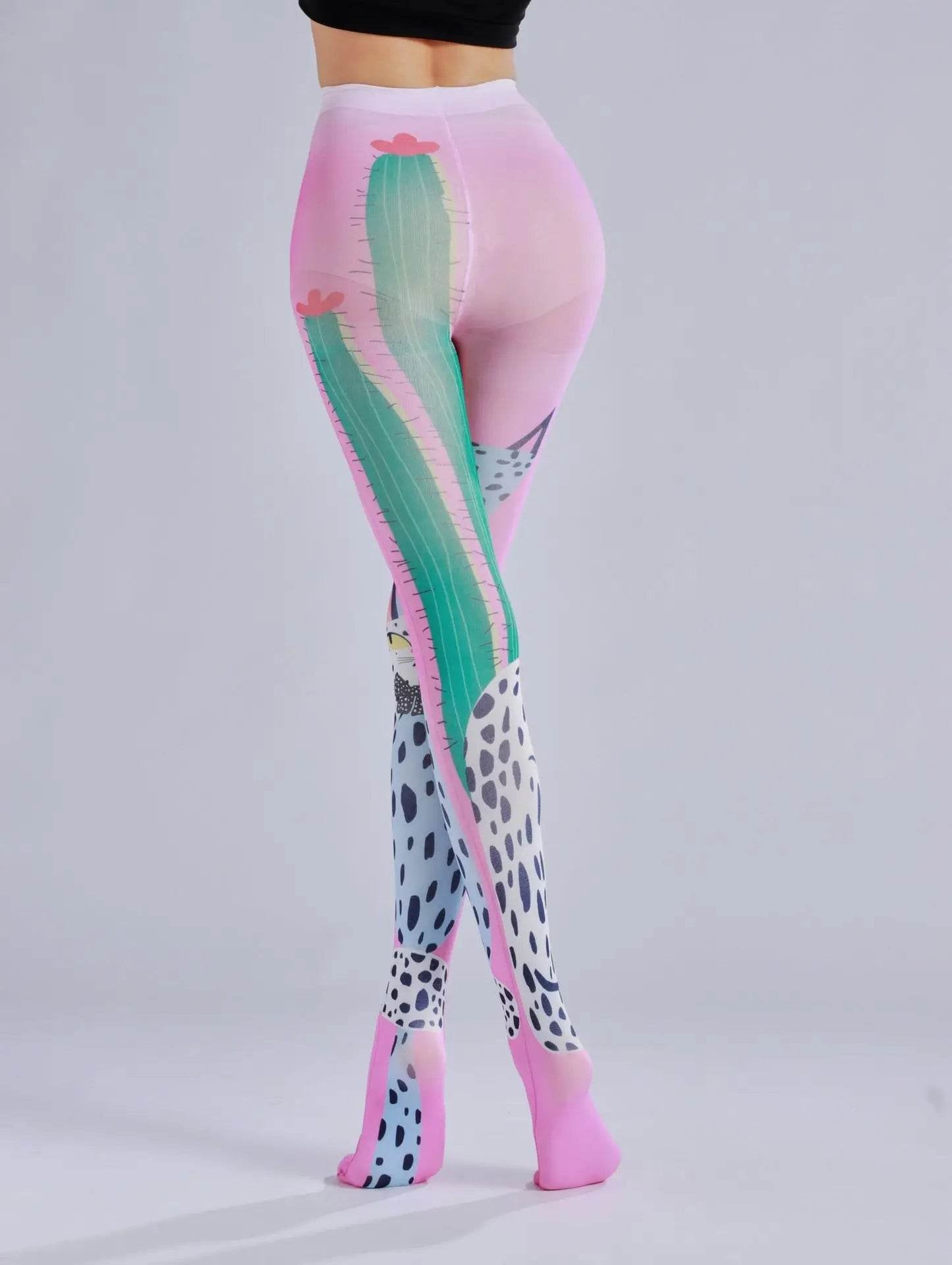 Cactus printed pantyhose with leopard print pattern as the sole personalized and fashionable pantyhose - IntuitiveEncBoutique