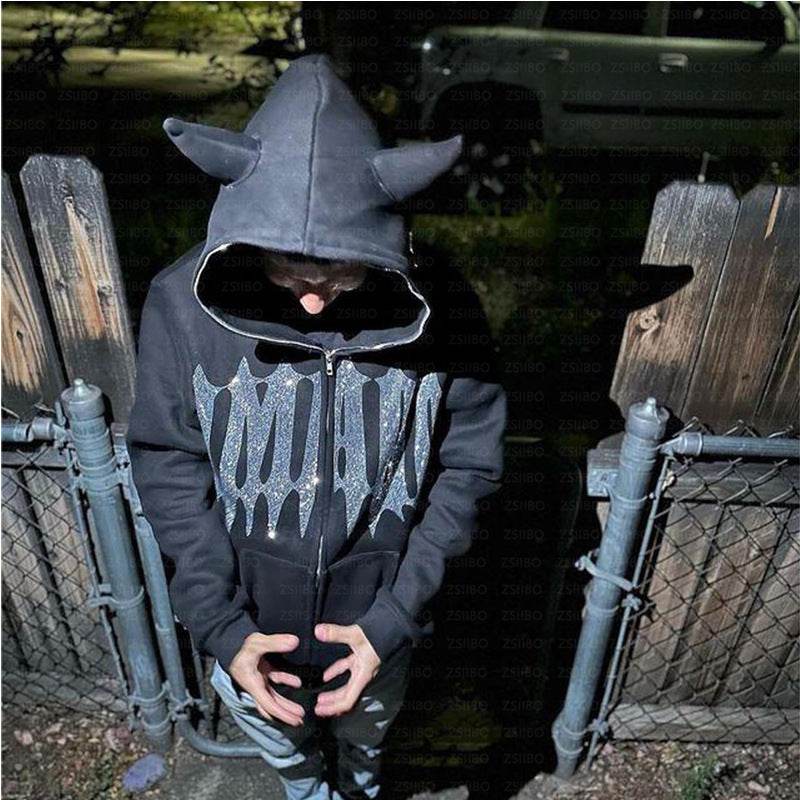 Wholesale Loose Unisex Hooded Zip-Up Sweatshirt with Devil Rhinestone - IntuitiveEncBoutique