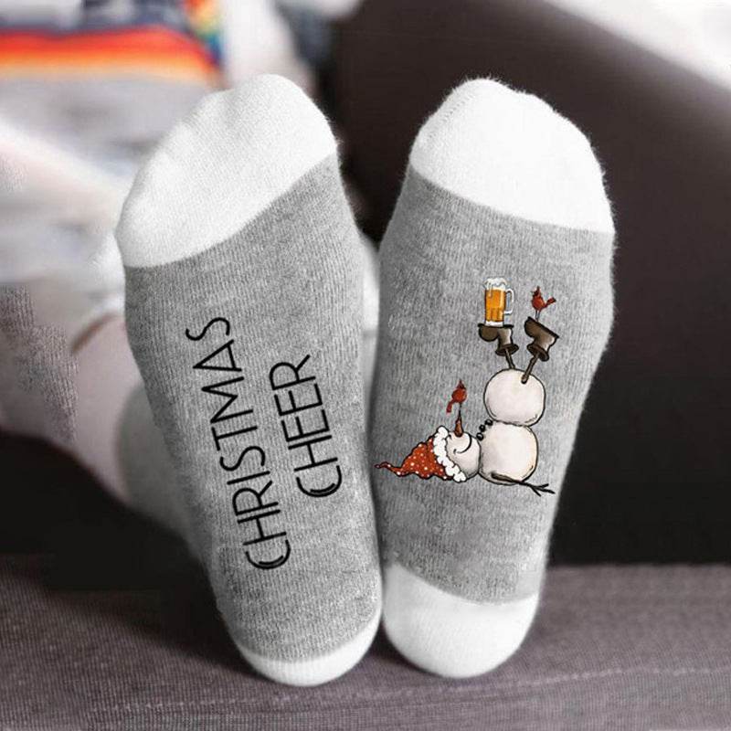 Christmas Sock Color Blocking Sub Letter Medium Tube Sock Trend Snowman Printed Sock - IntuitiveEncBoutique